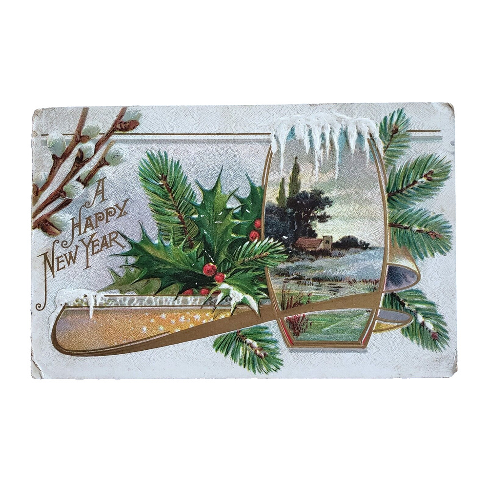 Antique Postcard New Year Christmas Victorian Farm Snow Holly Embossed Vtg 1911